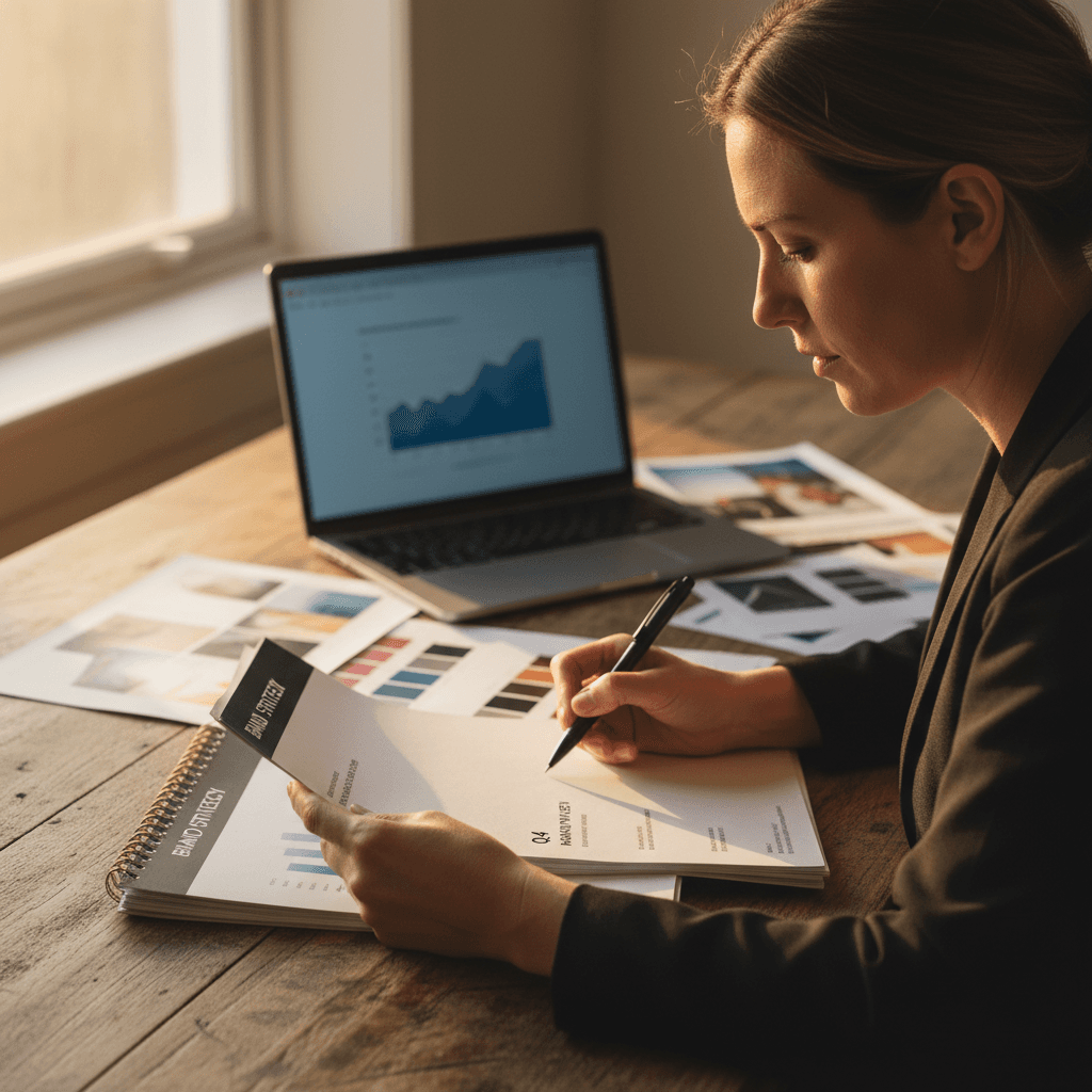 Marketing professional reviewing brand strategy documents