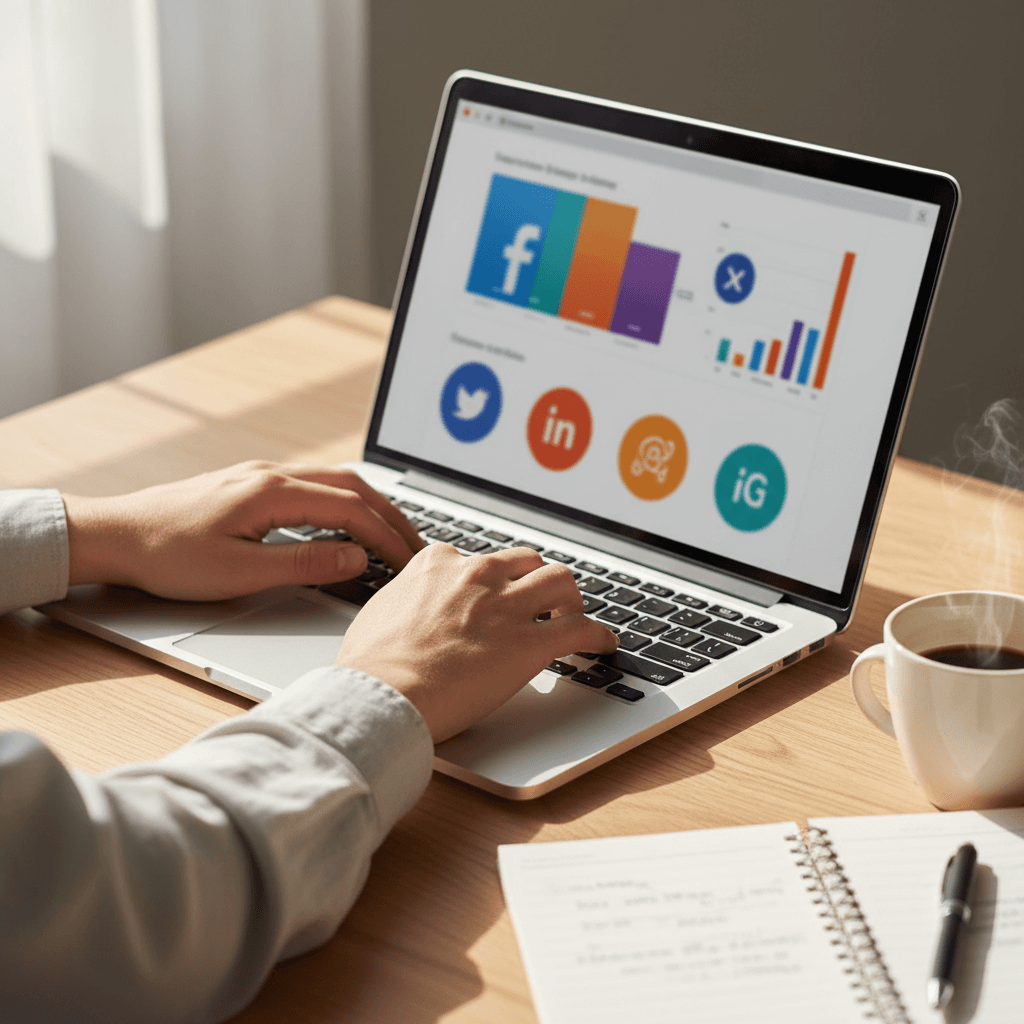 Hands typing on laptop with website dashboard visible